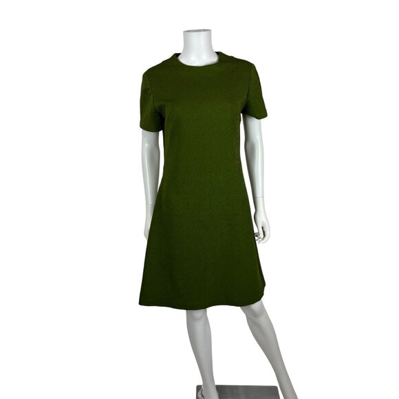 Vintage 60s Babydoll Dress Womens Medium Mod Mini Textured Avocado Green Shift - Picture 2 of 11